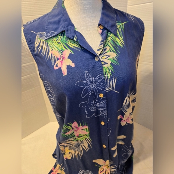 LIZ CLAIBORNE 100% Silk Shirt Sz L Blue Floral Casual Fresh Vacation Sleeveless - Picture 2 of 9
